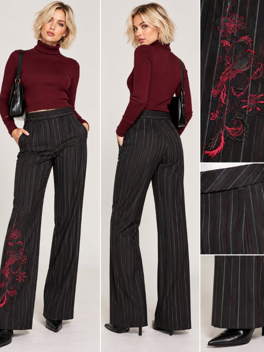 Petite Nine & Company Women's 8P Black Pinstripe Embroidered Wide Leg Pants NWT